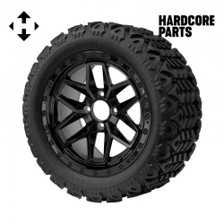 14" Black 'WIDOW' Golf Cart Wheels and 23"x10"-14" DOT rated All-Terrain tires - Set of 4, includes Black 'SS' center caps and 1/2"-20 lug nuts