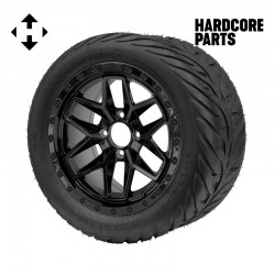 14" Black 'WIDOW' Golf Cart Wheels and 23"x10.5"-14" HELLFIRE DOT Rated Street tires - Set of 4, includes Black 'SS' center caps and 12x1.25 lug nuts