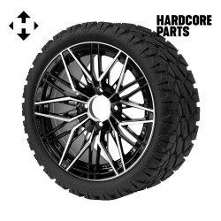 14" Machined/Black 'HORNET' Golf Cart Wheels and 20"x8.5"-14 STINGER On-Road/Off-Road DOT rated All-Terrain tires - Set of 4, includes Chrome 'SS' center caps and 1/2"-20 lug nuts