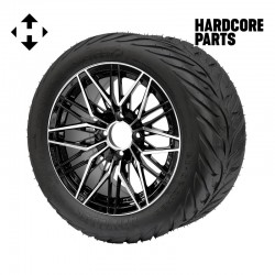14" Machined/Black 'HORNET' Golf Cart Wheels and 23"x10.5"-14" HELLFIRE DOT Rated Street tires - Set of 4, includes Chrome 'SS' center caps and 1/2"-20 lug nuts