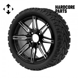 14" Machined/Black 'LYNX' Golf Cart Wheels and 20"x8.5"-14 STINGER On-Road/Off-Road DOT rated All-Terrain tires - Set of 4, includes Chrome 'SS' center caps and 1/2"-20 lug nuts