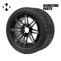 14" Machined/Black 'LYNX' Golf Cart Wheels and 23"x10.5"-14" HELLFIRE DOT Rated Street tires - Set of 4, includes Chrome 'SS' center caps and 12x1.25 lug nuts