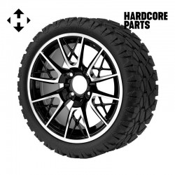 14" Machined/Black 'SABER TOOTH' Golf Cart Wheels and 20"x8.5"-14 STINGER On-Road/Off-Road DOT rated All-Terrain tires - Set of 4, includes Chrome 'SS' center caps and 1/2"-20 lug nuts