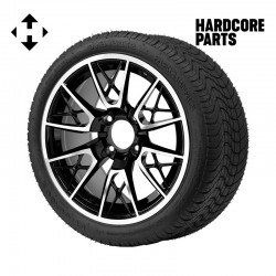 14" Machined/Black 'SABER TOOTH' Golf Cart Wheels and 205/30-14 (20"x8"-14") DOT rated Low Profile tires - Set of 4, includes Chrome 'SS' center caps and 1/2"-20 lug nuts