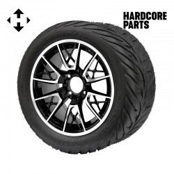 14" Machined/Black 'SABER TOOTH' Golf Cart Wheels and 23"x10.5"-14" HELLFIRE DOT Rated Street tires - Set of 4, includes Chrome 'SS' center caps and 12x1.25 lug nuts