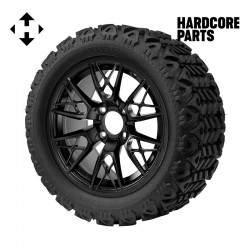 14" Black 'SABER TOOTH' Golf Cart Wheels and 23"x10"-14" DOT rated All-Terrain tires - Set of 4, includes Black 'SS' center caps and 1/2"-20 lug nuts