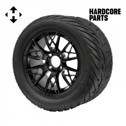 14" Black 'SABER TOOTH' Golf Cart Wheels and 23"x10.5"-14" HELLFIRE DOT Rated Street tires - Set of 4, includes Black 'SS' center caps and 1/2"-20 lug nuts