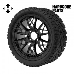 14" Matte Black 'SABER TOOTH' Golf Cart Wheels and 20"x8.5"-14 STINGER On-Road/Off-Road DOT rated All-Terrain tires - Set of 4, includes Matte Black 'SS' center caps and 1/2"-20 lug nuts
