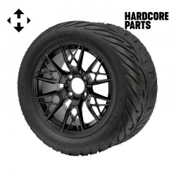 14" Matte Black 'SABER TOOTH' Golf Cart Wheels and 23"x10.5"-14" HELLFIRE DOT Rated Street tires - Set of 4, includes Matte Black 'SS' center caps and 1/2"-20 lug nuts