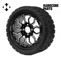 14" Machined/Black 'SCORPION' Golf Cart Wheels and 20"x8.5"-14 STINGER On-Road/Off-Road DOT rated All-Terrain tires - Set of 4, includes Chrome 'SS' center caps and 12x1.25 lug nuts