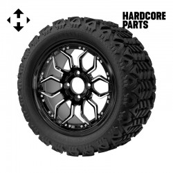 14" Machined/Black 'SCORPION' Golf Cart Wheels and 23"x10"-14" DOT rated All-Terrain tires - Set of 4, includes Chrome 'SS' center caps and 12x1.25 lug nuts