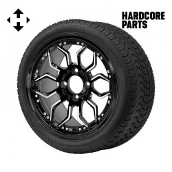 14" Machined/Black 'SCORPION' Golf Cart Wheels and 205/30-14 (20"x8"-14") DOT rated Low Profile tires - Set of 4, includes Chrome 'SS' center caps and 1/2"-20 lug nuts
