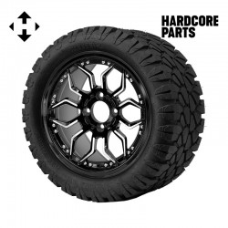 14" Machined/Black 'SCORPION' Golf Cart Wheels and 23"x10.5"-14" STINGER On-Road/Off-Road DOT rated All-Terrain tires - Set of 4, includes Chrome 'SS' center caps and 1/2"-20 lug nuts