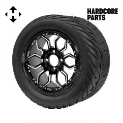 14" Machined/Black 'SCORPION' Golf Cart Wheels and 23"x10.5"-14" HELLFIRE DOT Rated Street tires - Set of 4, includes Chrome 'SS' center caps and 1/2"-20 lug nuts