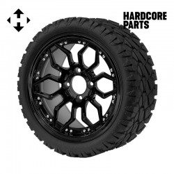 14" Black 'SCORPION' Golf Cart Wheels and 20"x8.5"-14 STINGER On-Road/Off-Road DOT rated All-Terrain tires - Set of 4, includes Black 'SS' center caps and 1/2"-20 lug nuts