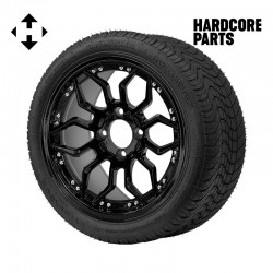14" Black 'SCORPION' Golf Cart Wheels and 205/30-14 (20"x8"-14") DOT rated Low Profile tires - Set of 4, includes Black 'SS' center caps and 1/2"-20 lug nuts