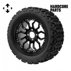 14" Matte Black 'SCORPION' Golf Cart Wheels and 23"x10"-14" DOT rated All-Terrain tires - Set of 4, includes Matte Black 'SS' center caps and 1/2"-20 lug nuts