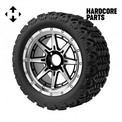 14" Machined/Black 'WOLVERINE' Golf Cart Wheels and 23"x10"-14" DOT rated All-Terrain tires - Set of 4, includes Chrome 'SS' center caps and 1/2"-20 lug nuts