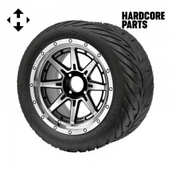 14" Machined/Black 'WOLVERINE' Golf Cart Wheels and 23"x10.5"-14" HELLFIRE DOT Rated Street tires - Set of 4, includes Chrome 'SS' center caps and 1/2"-20 lug nuts