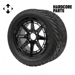 14" Black 'WOLVERINE' Golf Cart Wheels and 23"x10.5"-14" HELLFIRE DOT Rated Street tires - Set of 4, includes Black 'SS' center caps and 12x1.25 lug nuts