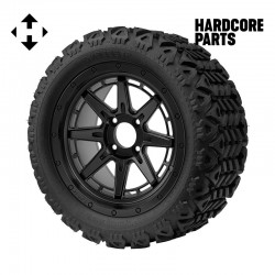14" Matte Black 'WOLVERINE' Golf Cart Wheels and 23"x10"-14" DOT rated All-Terrain tires - Set of 4, includes Matte Black 'SS' center caps and 1/2"-20 lug nuts