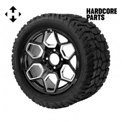 14" Machined/Black 'YETI' Golf Cart Wheels and 22"x10.5"-14" GATOR On-Road/Off-Road DOT rated All-Terrain tires - Set of 4, includes Chrome 'SS' center caps and 12x1.25 lug nuts