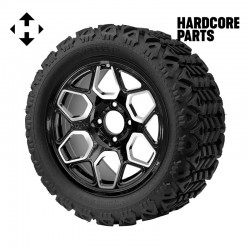 14" Machined/Black 'YETI' Golf Cart Wheels and 23"x10"-14" DOT rated All-Terrain tires - Set of 4, includes Chrome 'SS' center caps and 1/2"-20 lug nuts