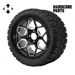 14" Machined/Black 'YETI' Golf Cart Wheels and 23"x10.5"-14" STINGER On-Road/Off-Road DOT rated All-Terrain tires - Set of 4, includes Chrome 'SS' center caps and 1/2"-20 lug nuts