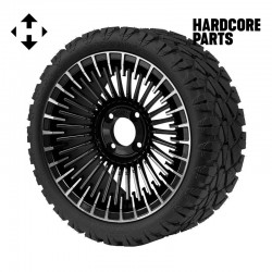 14" Machined/Black 'PIRANHA' Golf Cart Wheels and 20"x8.5"-14 STINGER On-Road/Off-Road DOT rated All-Terrain tires - Set of 4, includes Chrome 'SS' center caps and 12x1.25 lug nuts