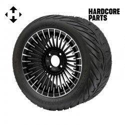 14" Machined/Black 'PIRANHA' Golf Cart Wheels and 23"x10.5"-14" HELLFIRE DOT Rated Street tires - Set of 4, includes Chrome 'SS' center caps and 1/2"-20 lug nuts