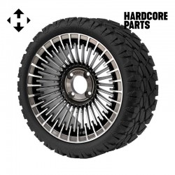 14" Gunmetal 'PIRANHA' Golf Cart Wheels and 20"x8.5"-14 STINGER On-Road/Off-Road DOT rated All-Terrain tires - Set of 4, includes Chrome 'SS' center caps and 1/2"-20 lug nuts
