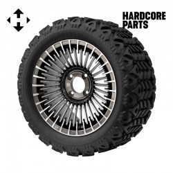 14" Gunmetal 'PIRANHA' Golf Cart Wheels and 23"x10"-14" DOT rated All-Terrain tires - Set of 4, includes Chrome 'SS' center caps and 1/2"-20 lug nuts