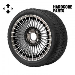 14" Gunmetal 'PIRANHA' Golf Cart Wheels and 205/30-14 (20"x8"-14") DOT rated Low Profile tires - Set of 4, includes Chrome 'SS' center caps and 1/2"-20 lug nuts