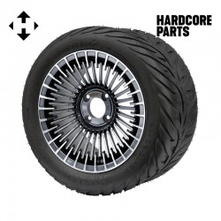 14" Gunmetal 'PIRANHA' Golf Cart Wheels and 23"x10.5"-14" HELLFIRE DOT Rated Street tires - Set of 4, includes Chrome 'SS' center caps and 1/2"-20 lug nuts