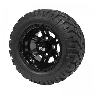 10" Black 'BULLDOG' Golf Cart Wheels and 18"x9"-10" STINGER On-Road/Off-Road DOT rated All-Terrain tires - Set of 4, includes Black 'SS' center caps and 1/2x20 Black lug nuts