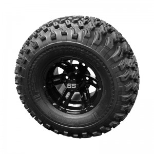 10" Black 'BULLDOG' Golf Cart Wheels and 22"x11"-10" DOT rated All-Terrain tires - Set of 4, includes Black 'SS' center caps and M12x1.25 Black lug nuts