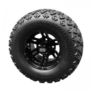 10" Black 'BULLDOG' Golf Cart Wheels and 20"x10"-10" DOT rated All-Terrain tires - Set of 4, includes Black 'SS' center caps and M12x1.25 Black lug nuts