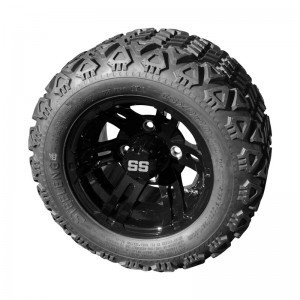 10" Black 'BULLDOG' Golf Cart Wheels and 18"x9"-10" DOT rated All-Terrain tires - Set of 4, includes Black 'SS' center caps and 1/2x20 Black lug nuts