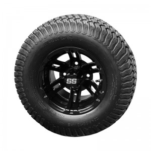 10" Black 'BULLDOG' Golf Cart Wheels and 20"x8"-10" Turf tires - Set of 4, includes Black 'SS' center caps and M12x1.25 Black lug nuts