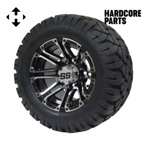 10" Machined/Black 'Lancer' Golf Cart Wheel and Tire Combo - Set of 4, includes 'SS' center caps and lug nuts