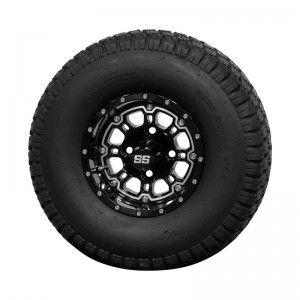 10" Black 'Panther' Golf Cart Wheels and 22"x11"-10" DOT rated All-Terrain tires - Set of 4, includes Black 'SS' center caps and 1/2x20 Black lug nuts