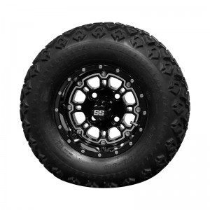 10" Black 'Panther' Golf Cart Wheels and 20"x10"-10" DOT rated All-Terrain tires - Set of 4, includes Black 'SS' center caps and M12x1.25 Black lug nuts