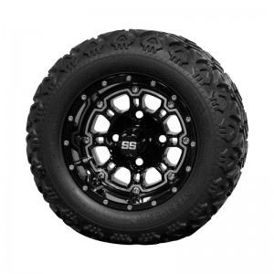 10" Black 'Panther' Golf Cart Wheels and 18"x9"-10" DOT rated All-Terrain tires - Set of 4, includes Black 'SS' center caps and M12x1.25 Black lug nuts