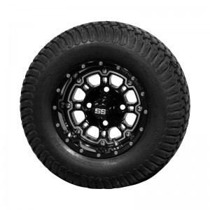 10" Black 'Panther' Golf Cart Wheels and 20"x8"-10" Turf tires - Set of 4, includes Black 'SS' center caps and M12x1.25 Black lug nuts