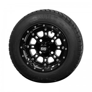 10" Black 'Panther' Golf Cart Wheels and 205/50-10 (18"x8"-10") DOT rated Low Profile tires - Set of 4, includes Black 'SS' center caps and M12x1.25 Black lug nuts