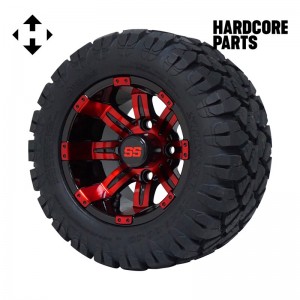 10" Red/Black 'Tempest' Golf Cart Wheel and Tire Combo - Set of 4, includes 'SS' center caps and lug nuts