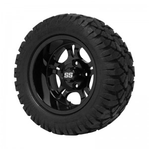 12" Black 'DARKSIDE' Golf Cart Wheels and 20"x10"-12" STINGER On-Road/Off-Road DOT rated All-Terrain tires - Set of 4, includes Black 'SS' center caps and M12x1.25 Black lug nuts