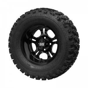 12" Black 'DARKSIDE' Golf Cart Wheels and 23"x10.5"-12" All-Terrain tires - Set of 4, includes Black 'SS' center caps and 1/2x20 Black lug nuts