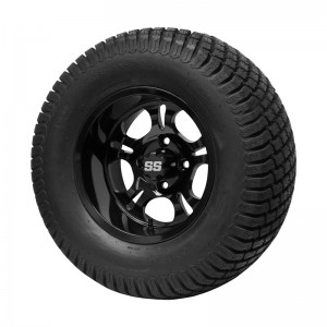12" Black 'DARKSIDE' Golf Cart Wheels and 23"x10.5"-12" Turf tires - Set of 4, includes Black 'SS' center caps and 1/2x20 Black lug nuts