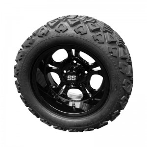 12" Black 'DARKSIDE' Golf Cart Wheels and 20"x10"-12" DOT rated All-Terrain tires - Set of 4, includes Black 'SS' center caps and M12x1.25 Black lug nuts